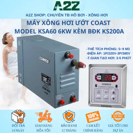Máy Xông Hơi Ướt Coasts KSA60 6kW Vỏ Thép Sơn Tĩnh Điện | Bảng Điều Khiển KS-200 | Xả Cặn Tự Động