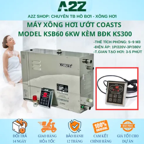 Máy Xông Hơi Ướt Coasts KSB Vỏ Inox | Điều Khiển KS-300 | Xả Cặn Tự Động