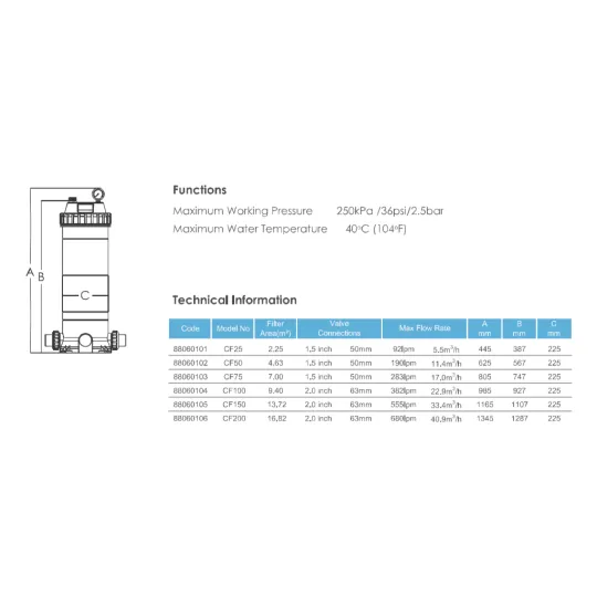 Cột lọc giấy hồ bơi Cartridge dòng CF thương hiệu Emaux, Bình lọc giấy hồ bơi, bình lọc bể bơi - CF25-5.5 m3/h