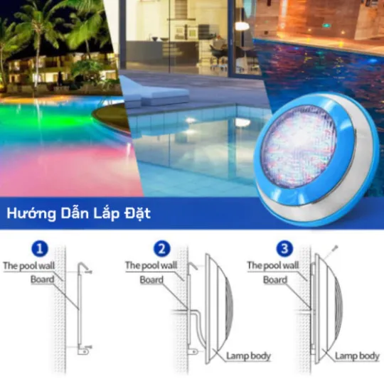 Đèn Led Đổi Màu Treo Thành Bể Bơi 12W, Đèn âm nước hồ bơi