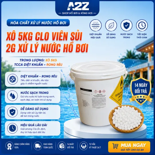 Clo xử lý nước Xô 5Kg dạng viên sủi 2g xử lý nước, Clo viên,TCCA 50% diệt khuẩn,clo bể bơi