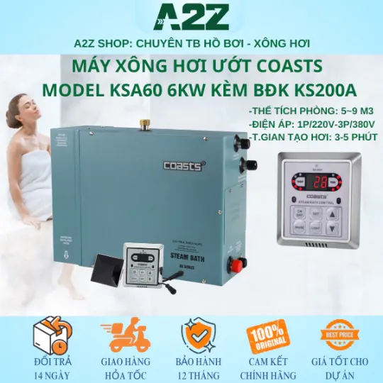 Máy Xông Hơi Ướt Coasts KSA-Serial Vỏ Thép Sơn Tĩnh Điện | Bảng Điều Khiển KS-200 | Xả Cặn Tự Động